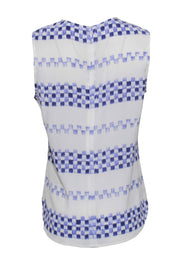 Current Boutique-Equipment - White & Blue Brushstroke Checkered Print Silk Tank Sz M