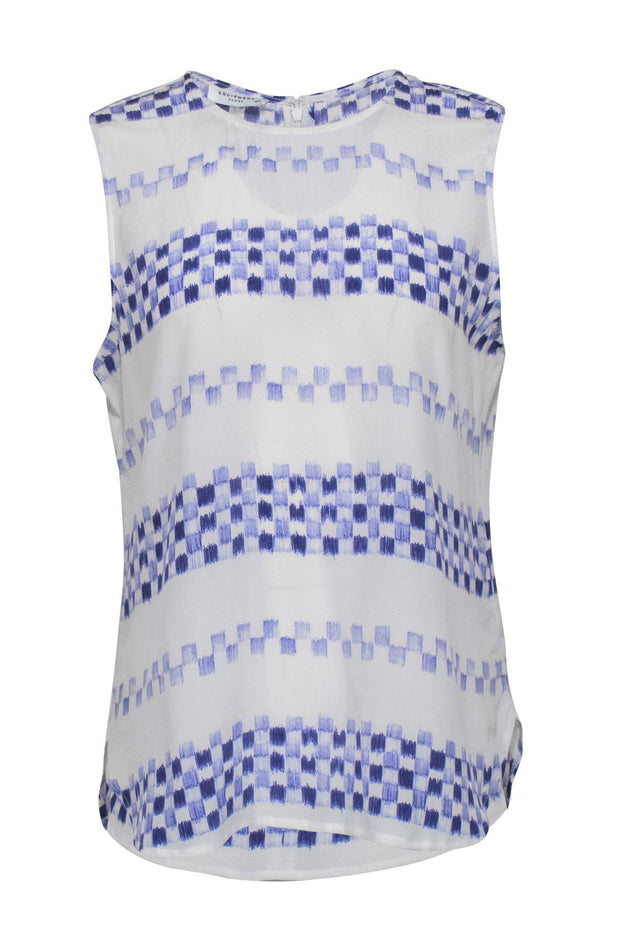 Current Boutique-Equipment - White & Blue Brushstroke Checkered Print Silk Tank Sz M