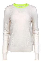 Current Boutique-Equipment - White Cable Knit Trimmed Sweater w/ Neon Yellow Neckline Sz S