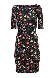 Current Boutique-Erdem - Black Floral Print Quarter Sleeve Sheath Dress Sz S