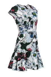 Current Boutique-Erdem - White & Multicolored Floral Print Cap Sleeve Sheath Dress w/ Flounce Hem Sz 6