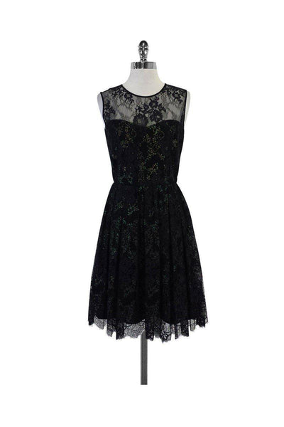 Current Boutique-Erin Fetherston - Black Metallic Lace Sleeveless Flared Dress Sz 4