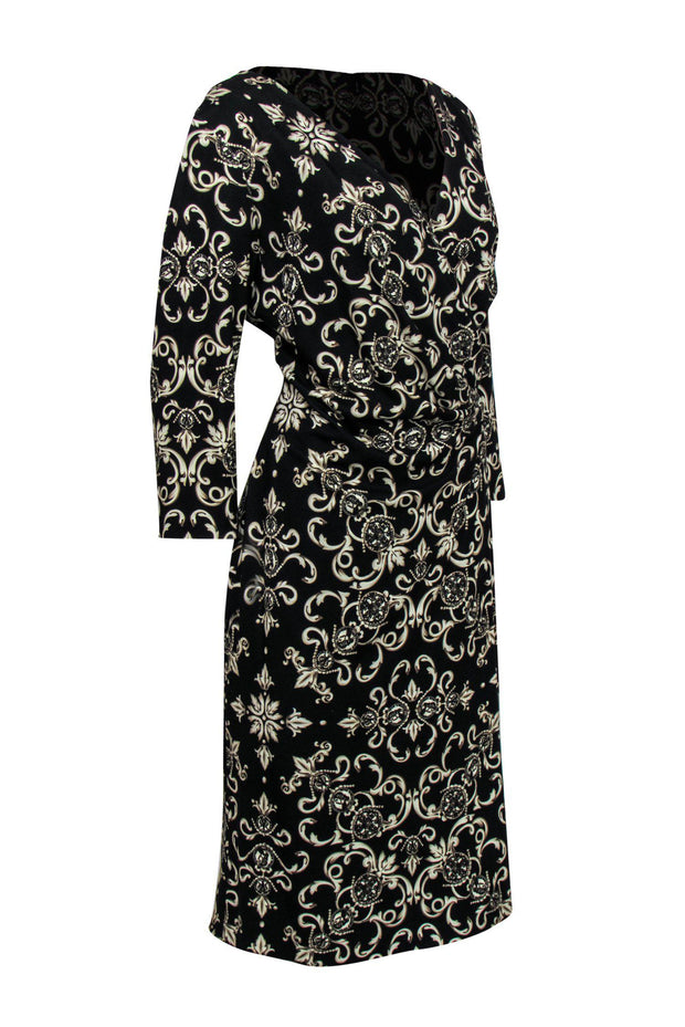 Current Boutique-Escada - Black Filigree Printed Wrap Dress w/ Grommets Sz 16