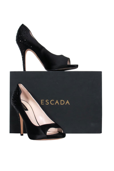 Current Boutique-Escada – Black Satin w/ Rhinestone Detail Open Toe Pumps Sz 9