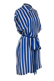 Current Boutique-Escada - Blue & White Striped Sleeveless Belted Silk Shirt Dress Sz L