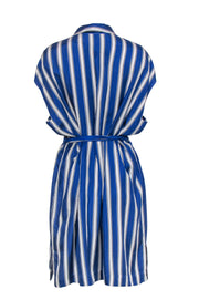 Current Boutique-Escada - Blue & White Striped Sleeveless Belted Silk Shirt Dress Sz L