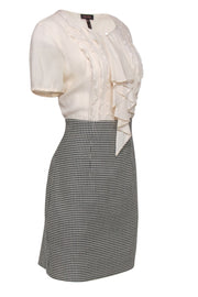 Current Boutique-Escada - Cream & Black Ruffled Sheath Dress w/ Houndstooth Print Skirt Sz 10