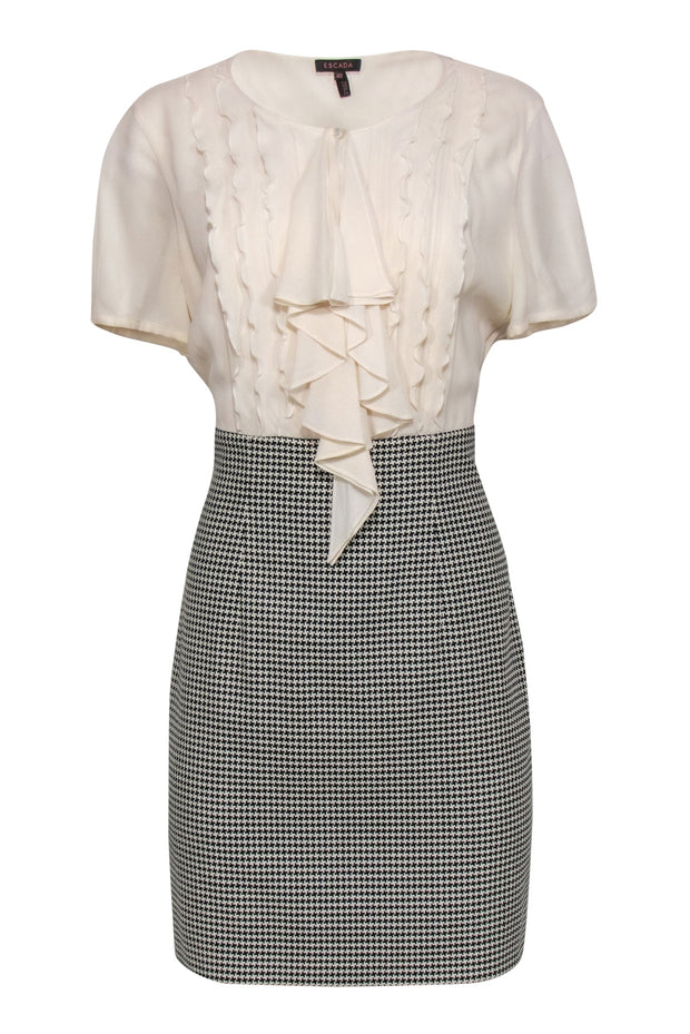 Current Boutique-Escada - Cream & Black Ruffled Sheath Dress w/ Houndstooth Print Skirt Sz 10