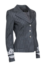 Current Boutique-Escada - Grey Pinstripe Blazer w/ Detailed Lace Sleeves Sz 6