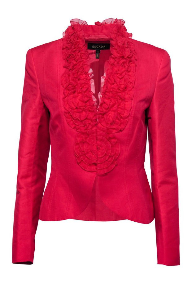 Current Boutique-Escada - Hot Pink Button-Up Blazer w/ Silk Ruffles Sz 6