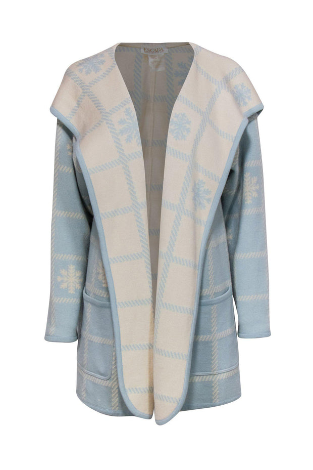 Current Boutique-Escada - Light Blue & Cream Snowflake & Grid Print Longline Open Cardigan Sz 4