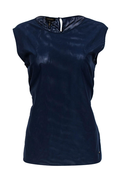 Current Boutique-Escada - Navy Mesh Boat Neck Tank Sz L