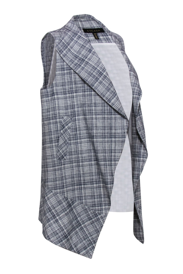 Current Boutique-Escada - Navy & White Plaid Open Draped Vest Sz 10