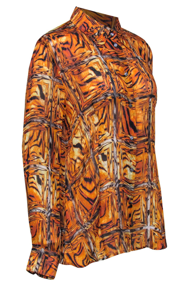 Current Boutique-Escada - Orange, Grey & Black Marbled Long Sleeve Button-Up Silk Blouse Sz 14