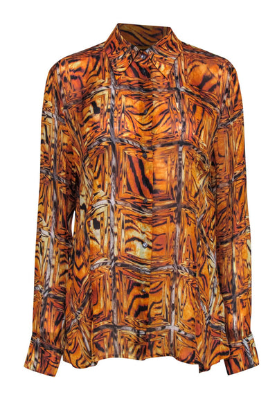 Current Boutique-Escada - Orange, Grey & Black Marbled Long Sleeve Button-Up Silk Blouse Sz 14