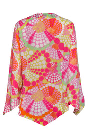 Current Boutique-Escada - Pink & Yellow Printed Long Sleeve Silk Blouse w/ Rhinestone Trim Sz 12