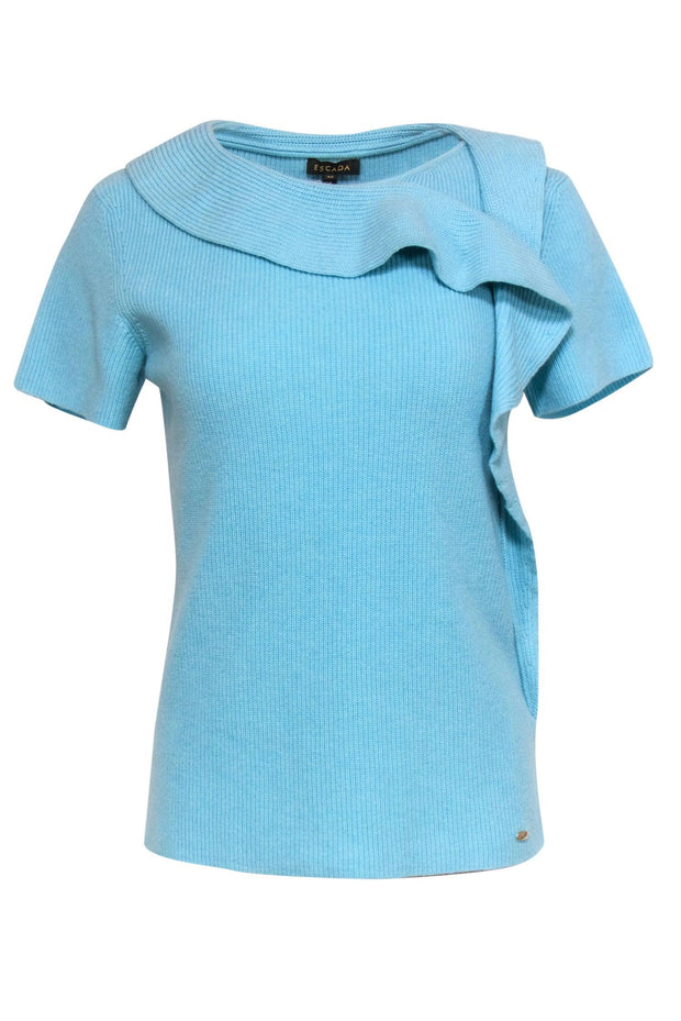 Current Boutique-Escada - Pool Blue Wool & Silk Short Sleeve Sweater w/ Ruffles Sz M