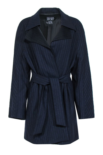 Current Boutique-Escada Sport - Navy & Blue Pinstriped Belted Longline Blazer Sz 10