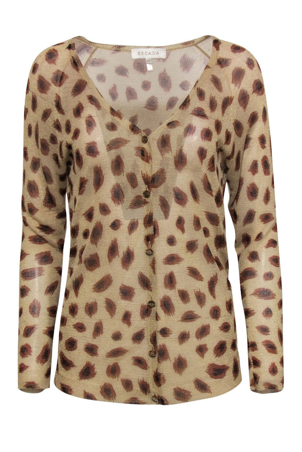 Current Boutique-Escada - Tan & Brown Metallic Animal Print Thin Button-Up Cardigan Sz 6