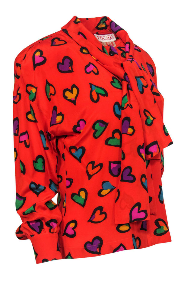 Current Boutique-Escada - Tomato Red Heart Print Button-Up Silk Blouse w/ Necktie Sz 4