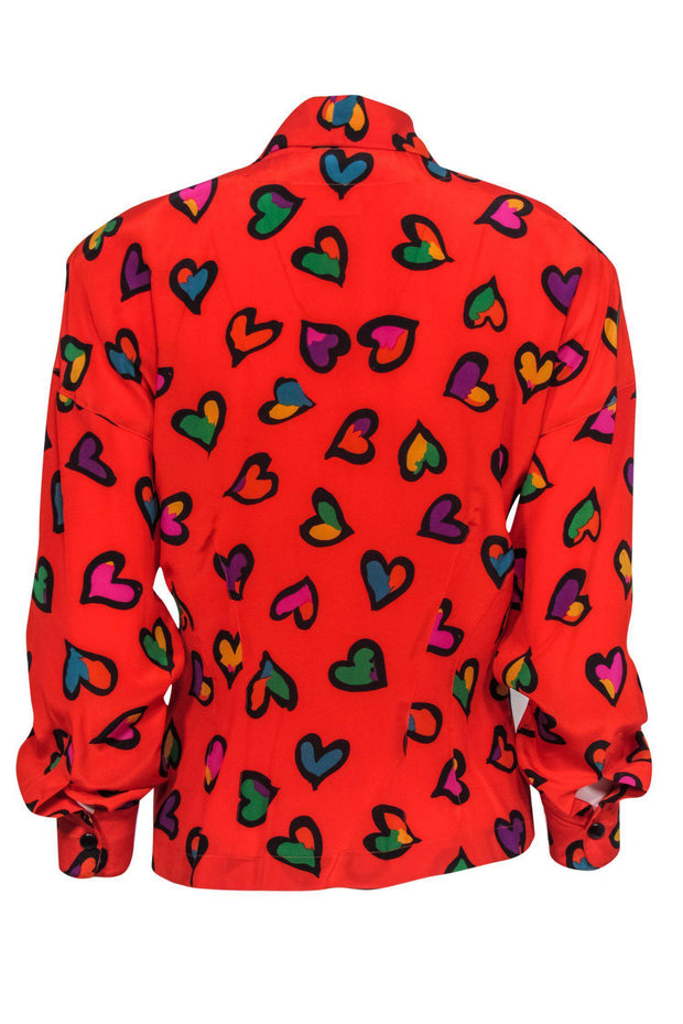 Current Boutique-Escada - Tomato Red Heart Print Button-Up Silk Blouse w/ Necktie Sz 4