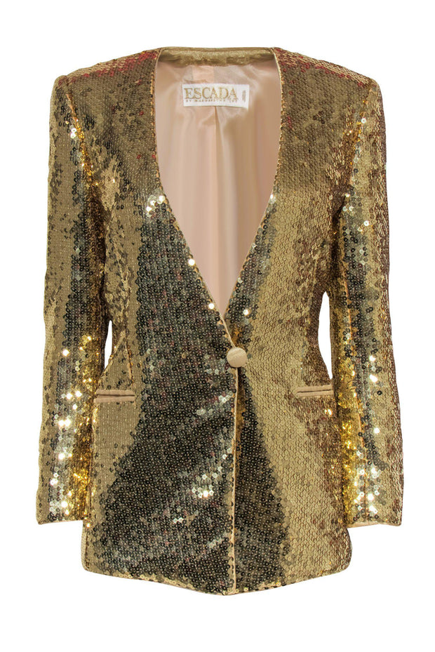 Current Boutique-Escada - Vintage Gold Sequined Single Button Blazer Sz S