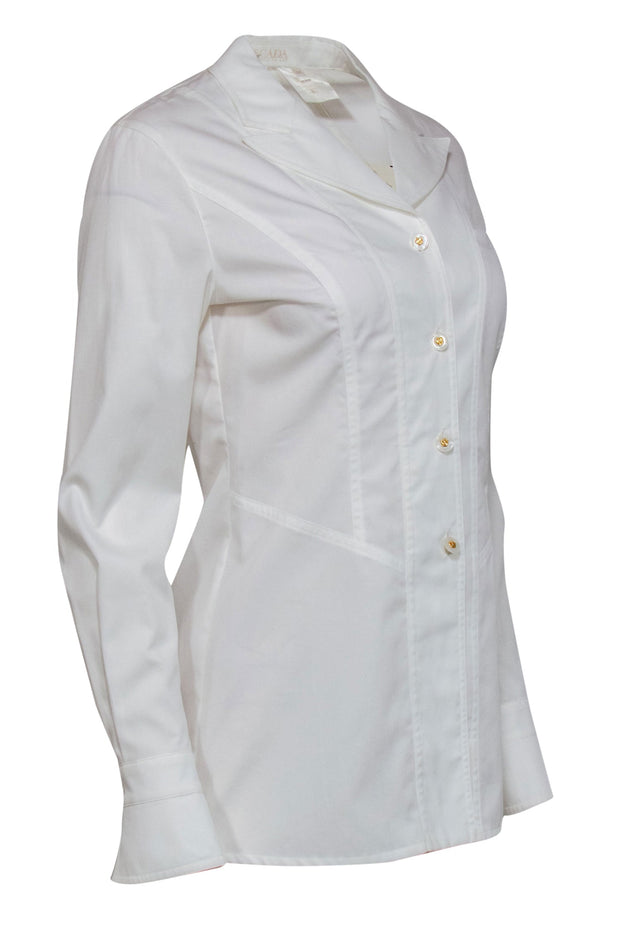 Current Boutique-Escada - White Cotton Button-Up Blouse w/ Peak Lapel Collar Sz 4