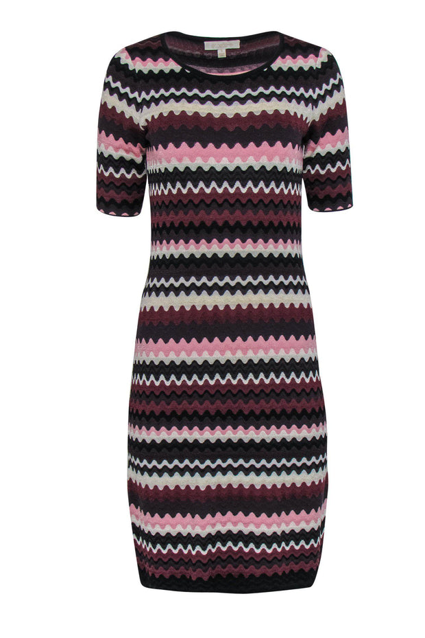 Current Boutique-Etcetera - Burgundy, White & Pink Wavy Striped Knit Dress Sz S