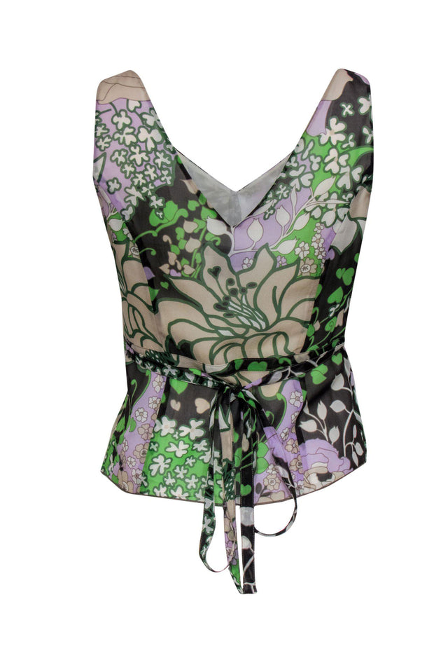 Current Boutique-Etcetera - Green Floral V-Neck Silk Tank Sz 2