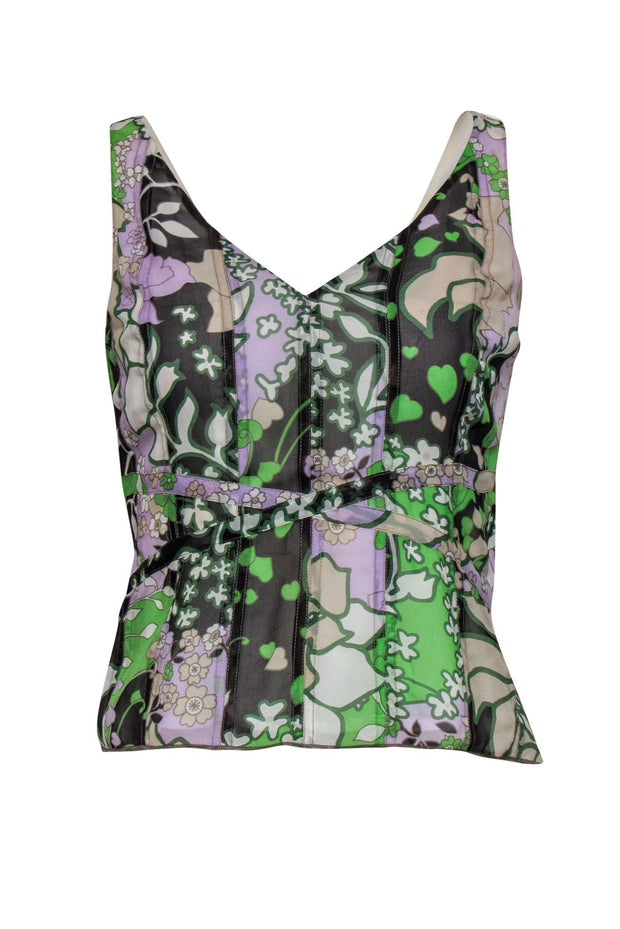 Current Boutique-Etcetera - Green Floral V-Neck Silk Tank Sz 2