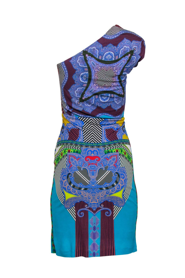 Current Boutique-Etro - Blue Multicolored Multi-Print One-Shoulder Sleeveless Sheath Dress Sz 4