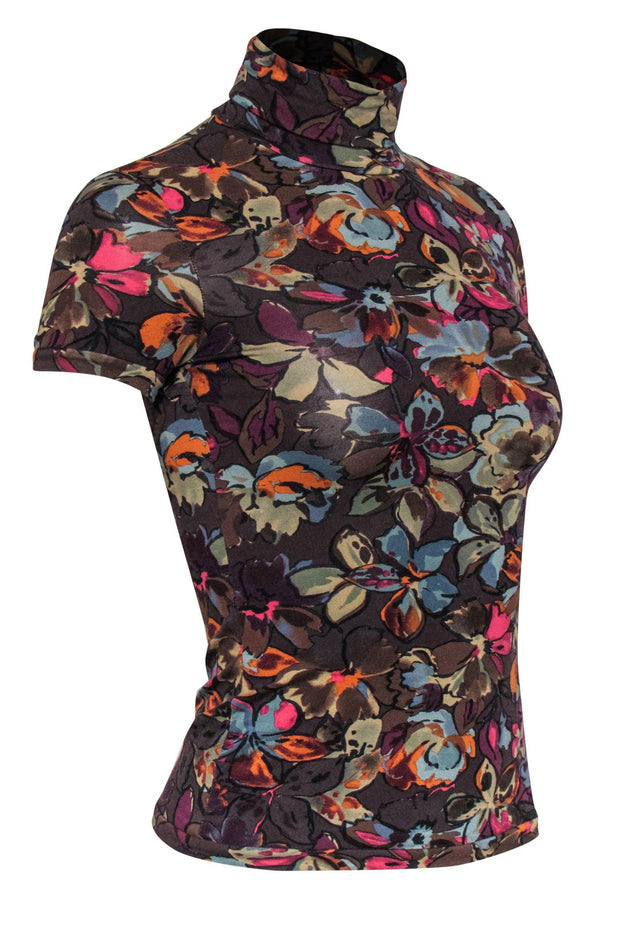 Current Boutique-Etro - Dark Brown & Multicolor Floral Print Short Sleeve Mock Neck Top Sz S