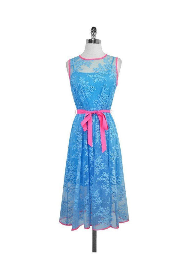 Current Boutique-Eva Franco - Blue & Neon Pink Lace Sleeveless Dress Sz 0