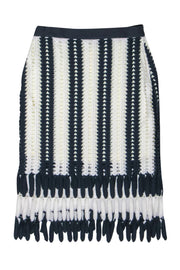 Current Boutique-Eva Franco - Navy & White Crochet Midi Skirt w/ Fringed Hem Sz M