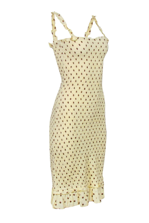 Current Boutique-Faithfull the Brand - Pale Yellow & Brown Polka Dot Ruched Ruffled Midi Dress Sz M