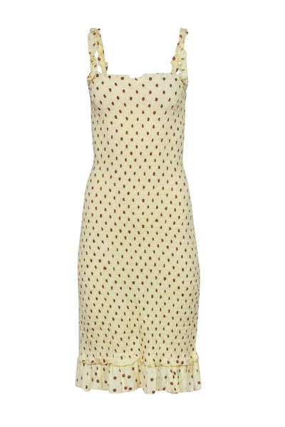 Current Boutique-Faithfull the Brand - Pale Yellow & Brown Polka Dot Ruched Ruffled Midi Dress Sz M