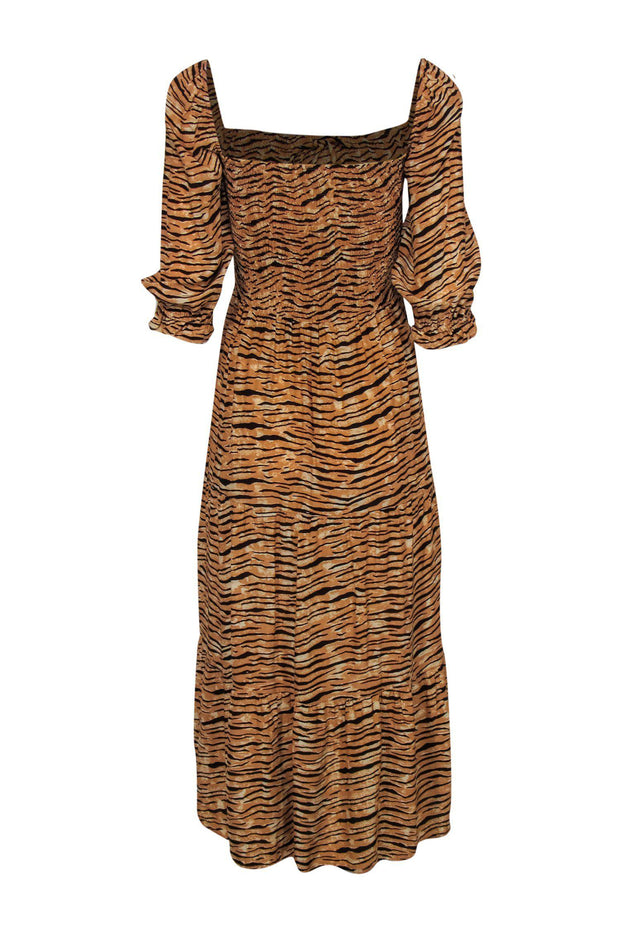 Current Boutique-Faithfull the Brand - Tan Tiger Stripe Smocked Puff Sleeve Maxi Dress Sz 4