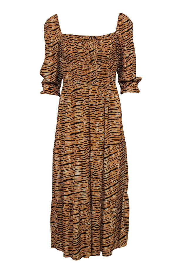 Current Boutique-Faithfull the Brand - Tan Tiger Stripe Smocked Puff Sleeve Maxi Dress Sz 4