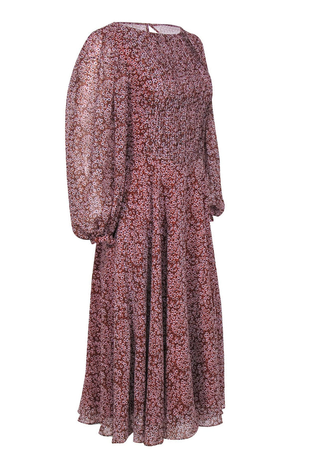 Current Boutique-Fame and Partners - Brown, Light Pink & Black Floral Puff Sleeve Midi Dress Sz 0