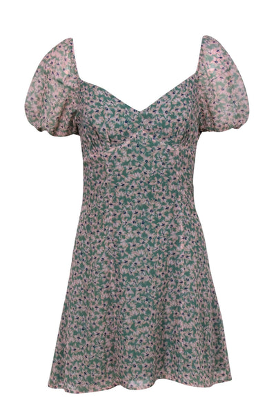 Current Boutique-Fame and Partners - Green Floral Print Puff Sleeve Mini Dress Sz 4