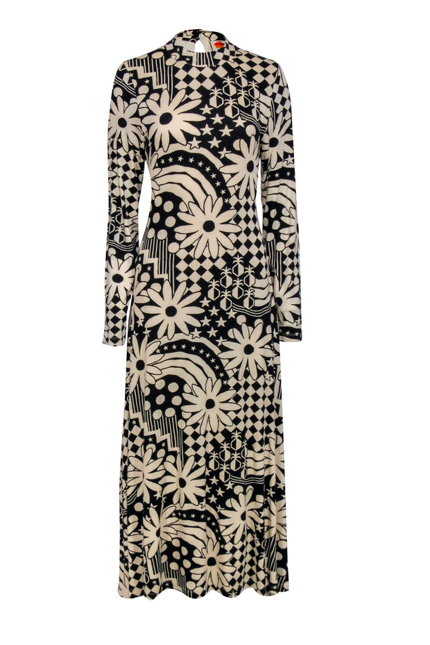 Current Boutique-Farm - Black & Cream Floral Geo Print Long Sleeve Maxi Dress Sz M