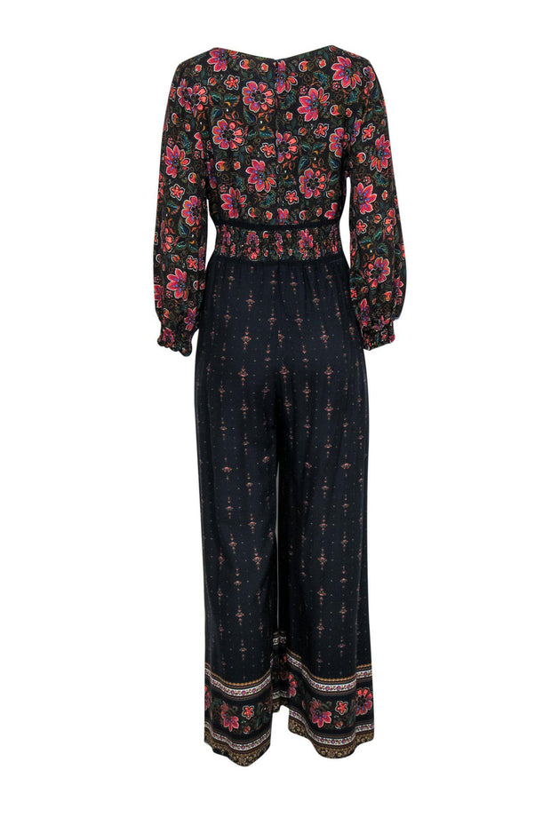 Current Boutique-Farm - Black Floral Smocked Waist Jumpsuit Sz MP