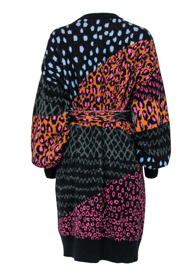 Current Boutique-Farm - Black & Multicolor Multi-Print Balloon Sleeve Belted Longline Cardigan Sz L