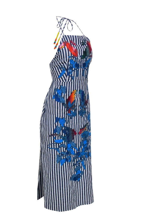 Current Boutique-Farm - Blue & White Striped Halter Dress w/ Tropical Embroidery Sz S