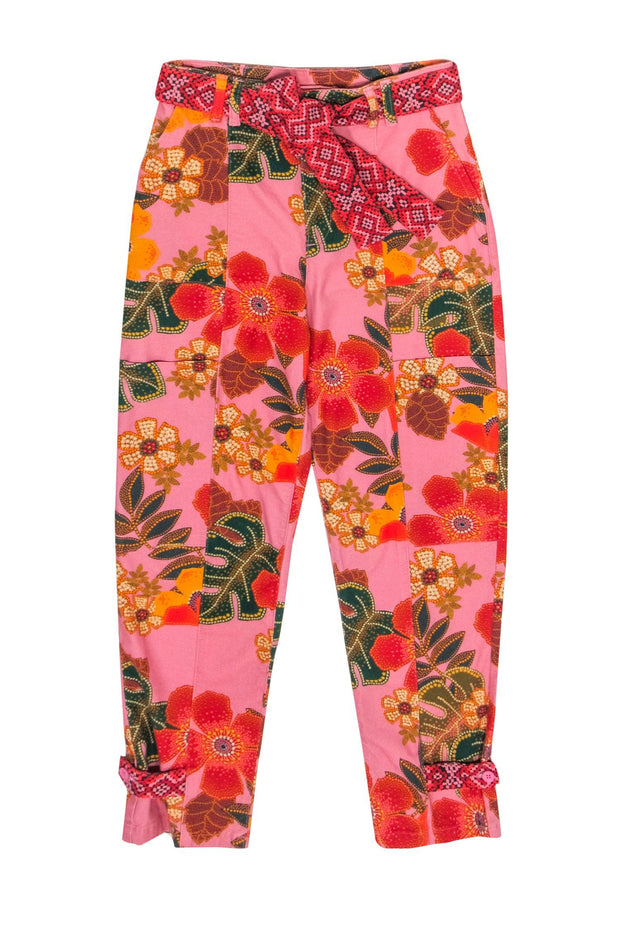 Current Boutique-Farm - Pink & Multicolor Floral & Leaf Print High-Waist Pants Sz S