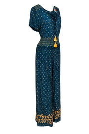 Current Boutique-Farm - Turquoise w/ Yellow Floral Print Wide Leg Jumpsuit Sz M