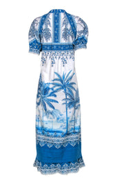 Current Boutique-Farm - White & Blue Scenic Palm Tree Print Cotton Maxi Dress Sz S