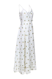 Current Boutique-Farm - White Linen Blend Wrap Sleeveless Maxi Dress Embroidered w/ Pineapples Sz L