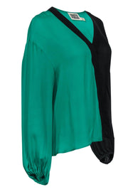 Current Boutique-Fausto Puglisi - Green & Black Asymmetrical Silk Blouse w/ Elastic Cuffs Sz S