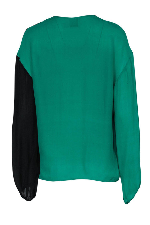 Current Boutique-Fausto Puglisi - Green & Black Asymmetrical Silk Blouse w/ Elastic Cuffs Sz S